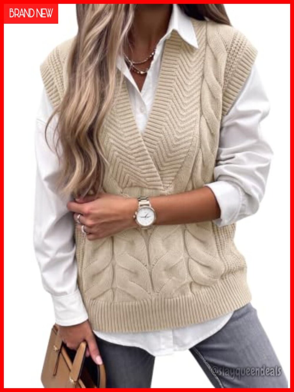 Dokotoo V Neck Sleeveless Cable Knit Oversized Sweater Vest